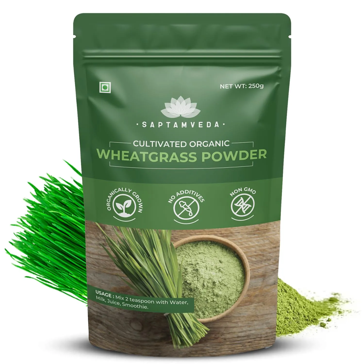 SAPTAMVEDA 100% Organic Wheat Grass Powder 250 Gm Non-GMO, Vegan, Superfood